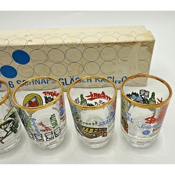 Vintage Ruhrglas Schnapsglaser Kasino Mit Dekor Schnapps Glasses Gold Rim 6 - Picture 5 of 16